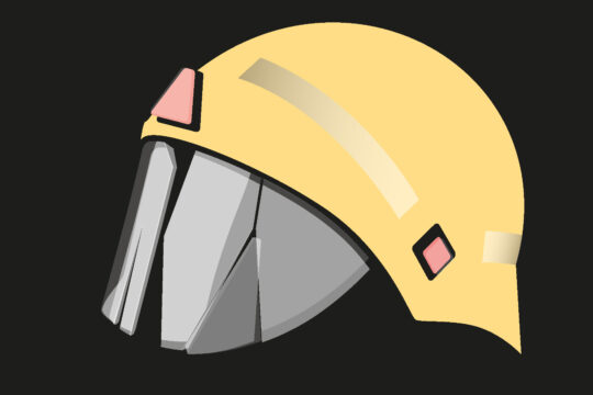 Die Illustration zeigt einen Feuerwehrhelm mit zerbrochenem Schutzvisier.