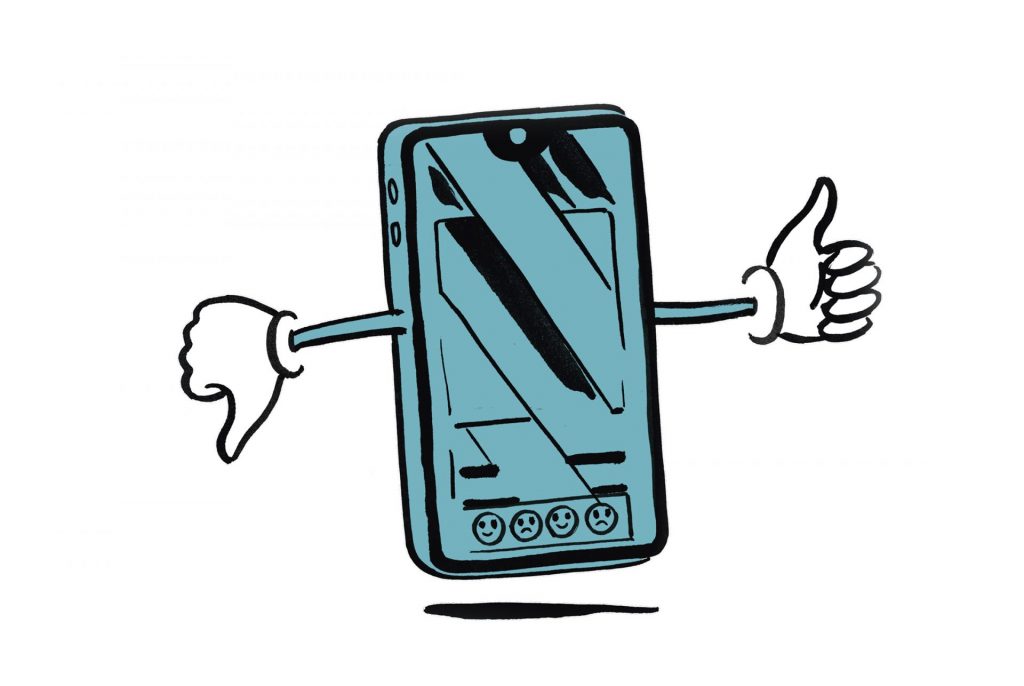 Eine Skizze von einem Handy mit zwei Armen und Händen. Der eine Daumen zeigt nach unten und der andere Daumen zeigt nach oben.