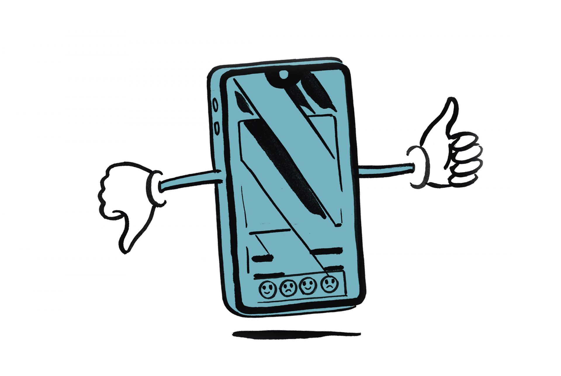 Eine Skizze von einem Handy mit zwei Armen und Händen. Der eine Daumen zeigt nach unten und der andere Daumen zeigt nach oben.