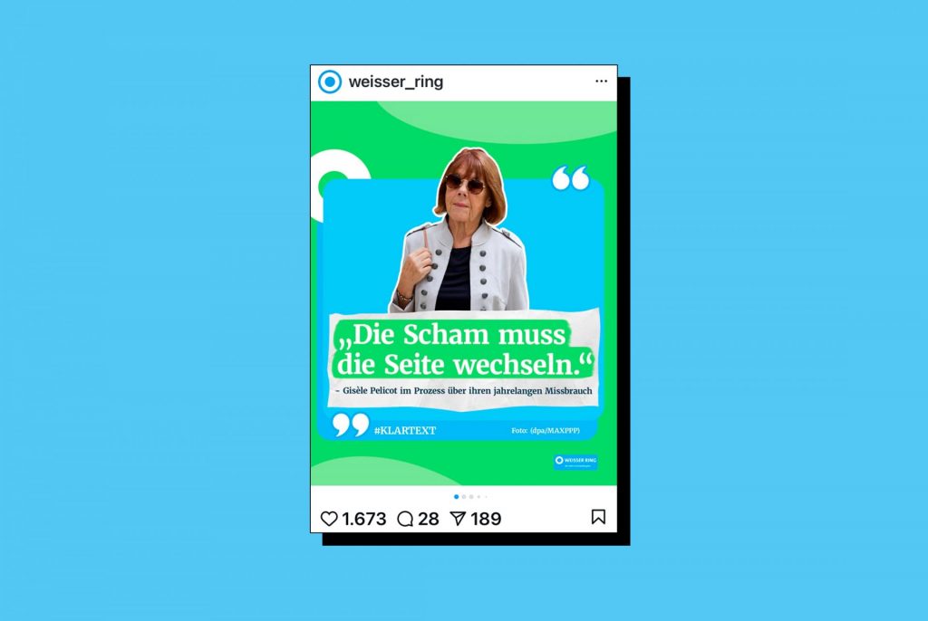 Ein Instagram-Post von dem Instagram-Kanal des WEISSEN RINGS. Zu sehen ist Gisèle Pelicot und auf dem Post steht "Die Scham muss die Seite wechseln".