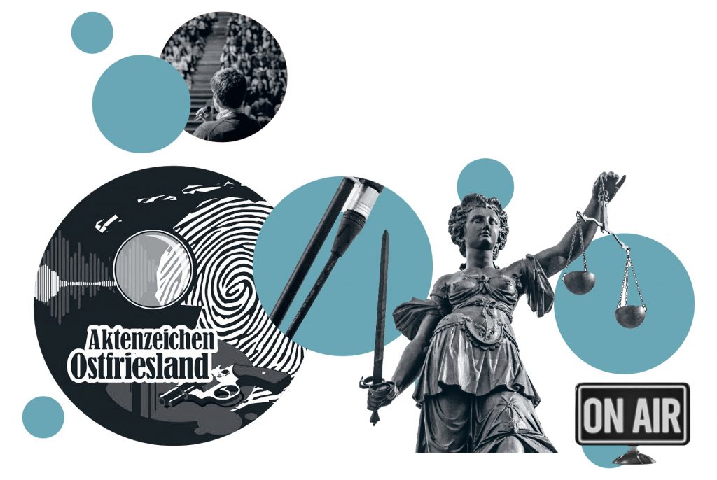 Eine Collage mit dem Logo des Podcasts "Aktenzeichen Ostfriesland", ein Foto von einem Publikum und einer Justitia-Statue.