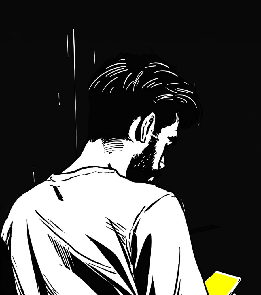 Die Illustration zeigt einen Mann von hinten, der auf sein Handy schaut.