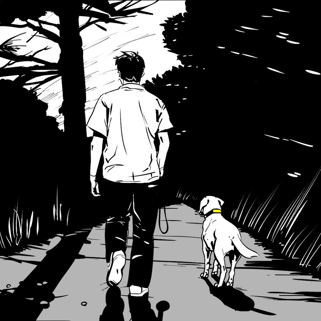 Eine Illustration zeigt einen Mann, der mit seinem Hund spazieren geht. Sie gehen auf einem Weg entlang von Bäumen.