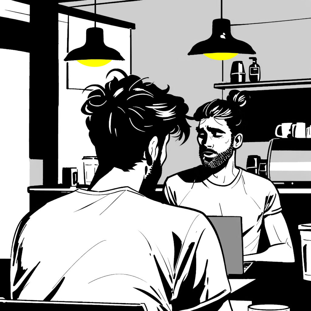 Eine Illustration mit einem Mann, der von hinten zu sehen ist, und einem, den man von vorne erkennen kann. Zwei Lampen hängen an der Decke.