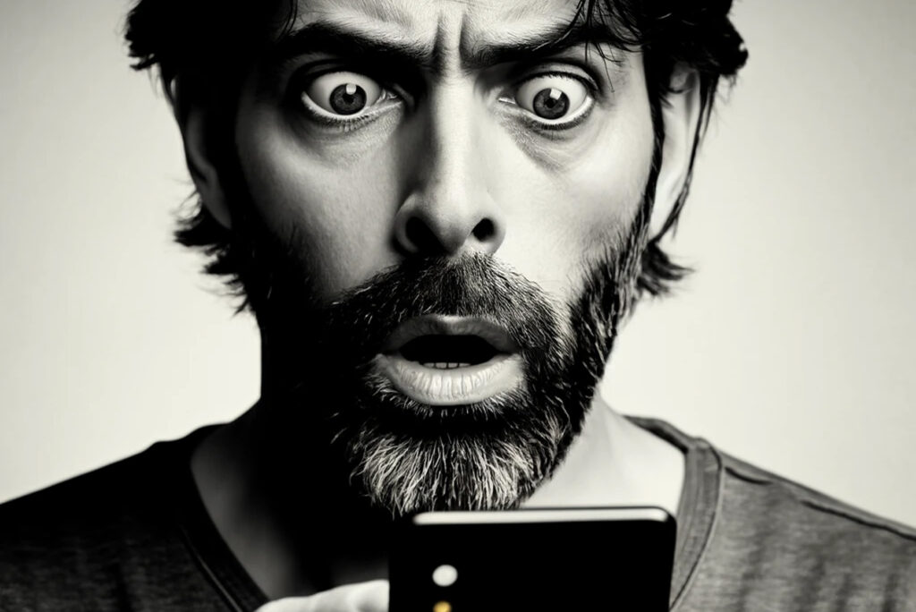 Eine Illustration zeigt einen Mann, der erschrocken auf sein Handy schaut.