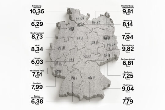 Maßregelvollzug in Deutschland: Grafik von Deutschland in Bundesländer aufgeteilt. Am Rand steht pro Bundesland die durchschnittliche Haftzeit in forensischen Psychiatrien.