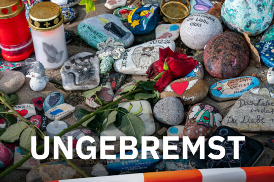 Anschlag Magdeburg: Auf dem Bild sind Blumen, Kerzen und bemalte Steine für die Opfer des Anschlags von Magdeburg zu sehen. Im Vordergrund befindet sich ein rot-weißes Absperrband.